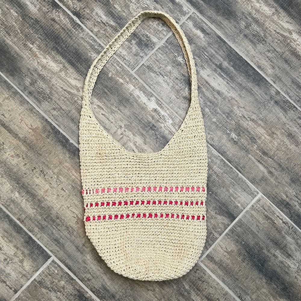 Scala Collection Natural Fiber Woven Crochet Hobo Shoulder Bag Cream Pink